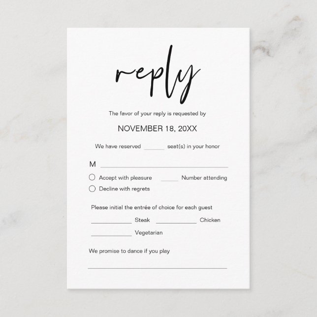 Cartão De Informações Janto de casamento RSVP, opções de refeição, solic (Frente)