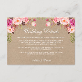 Cartão De Informações Kraft Floral Pink Detalhes do Casamento Inserir Ca