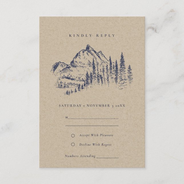 Cartão De Informações Kraft Pine Woods Mountain Sketch Casamento RSVP (Frente)