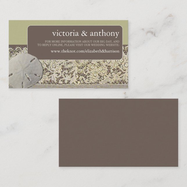 Cartão De Informações Lace de areia dólar, site de casamento de praia de (Frente/Verso)