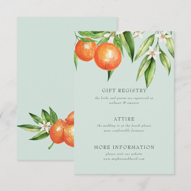 Cartão De Informações Laranja Blossomo Citrus Botanical Wedding (Frente/Verso)