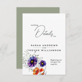 Cartão De Informações Laranja Vibrante e Flores Selvagens Roxas