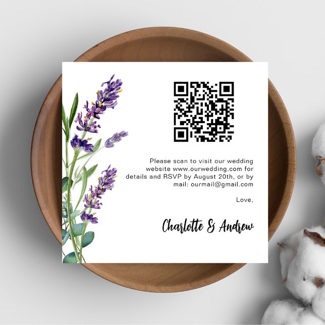 Cartão De Informações Lavandas florais Código QR Casamento RSVP (Criador carregado)