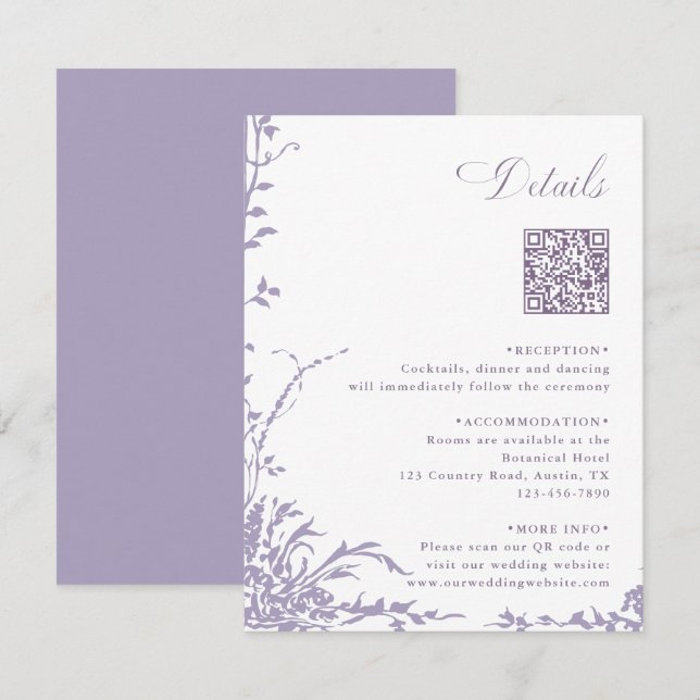 Cartão De Informações Lavender Botanical Wedding QR Code Details (Frente/Verso)