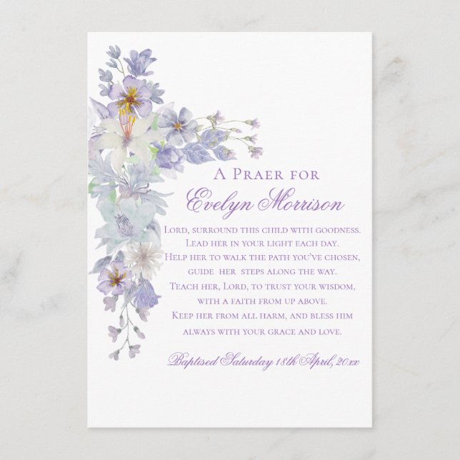 Cartão De Informações Lavender Floral Cross Baptism Prayer Card (Frente)