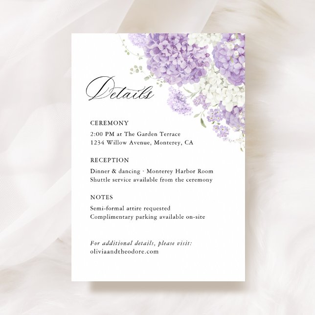 Cartão De Informações Lavender Lilac White Floral Wedding Details, Info (Lavender white hydrangea wedding details card with floral, lilac, elegant wedding stationery)