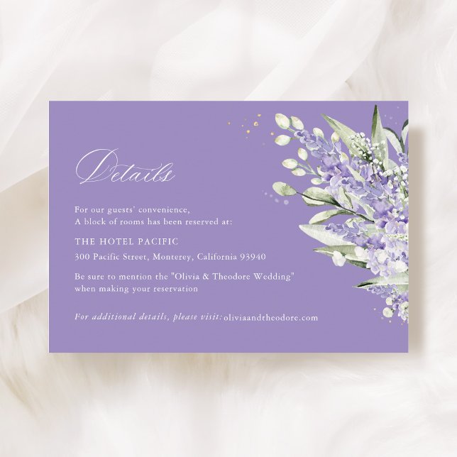 Cartão De Informações Lavender & Sage Green Floral Wedding Hotel Details (Lavender & sage green floral wedding hotel details card, watercolor elegant accommodation card)