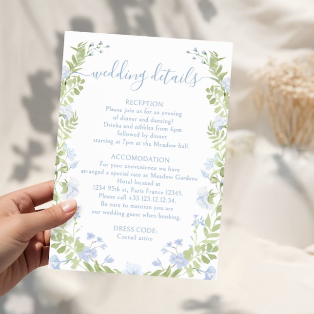 Cartão De Informações Light blue floral Boho Chic Wedding Details Cards (Criador carregado)