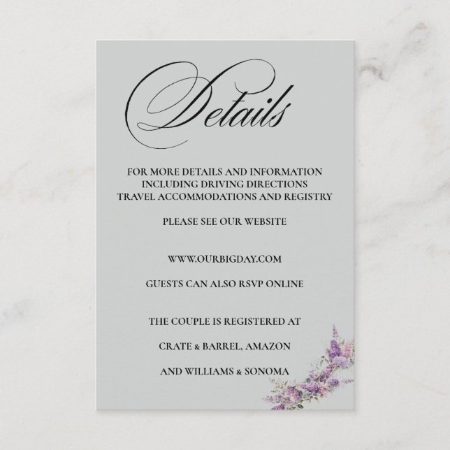 Cartão De Informações Lilac floral Elegant Enclosure Card Details (Frente)