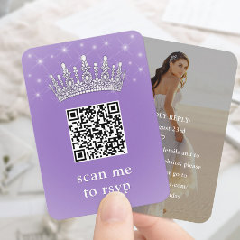 Cartão De Informações Lilac Purple QR RSVP Quinceañera Crown & Photo