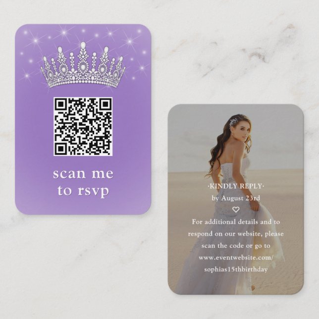 Cartão De Informações Lilac Purple QR RSVP Quinceañera Crown & Photo (Frente/Verso)