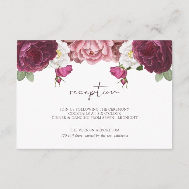 Cartão De Informações Linda Recepção de casamento Floral Burgundy (Frente)