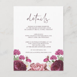 Cartão De Informações Lindos detalhes do casamento da Floral Burgundy