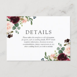 Cartão De Informações Lindos Flores Rosa e Borgonha Casamento Elegante