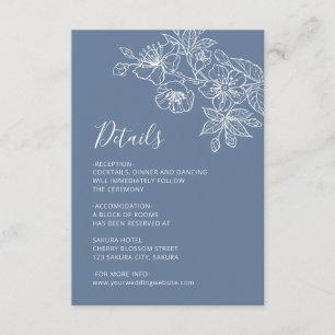 Cartão De Informações Linha de Arte Floral Branca Casamento Azul Empoeir