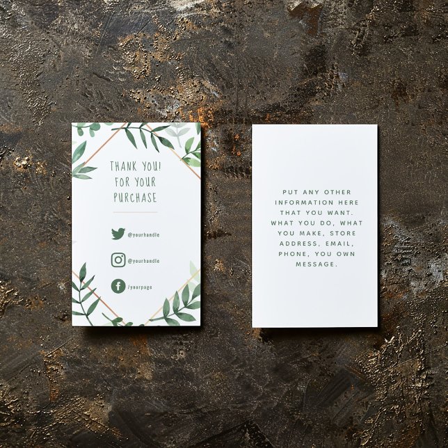 Cartão De Informações Links sociais, folhas verdes inserem o cartão. (Green leaves and gold border, fun text enclosure card to say thank you to your customers.)