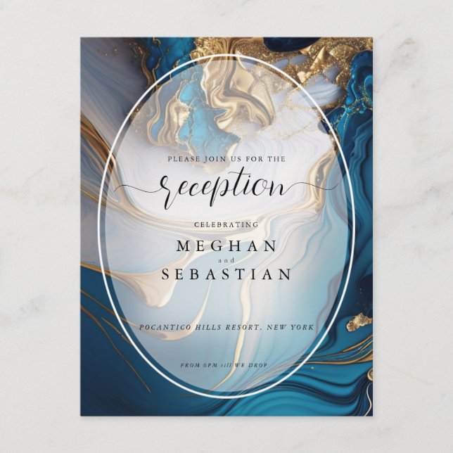 Cartão De Informações Líquido de abstrato Dourado no Marble Azul (Frente)