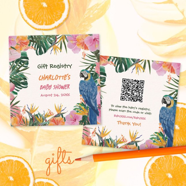 Cartão De Informações Lista de Presentes do Chá de Bebê Jungle Papagaio  (Tropical Baby Shower QR Code Gift Registry Enclosure Card ©Susanne Sachers - Sunny Mind 🌞)