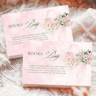 Cartão De Informações Livros com Laço Rosa Floral para Chá de Bebê Menin