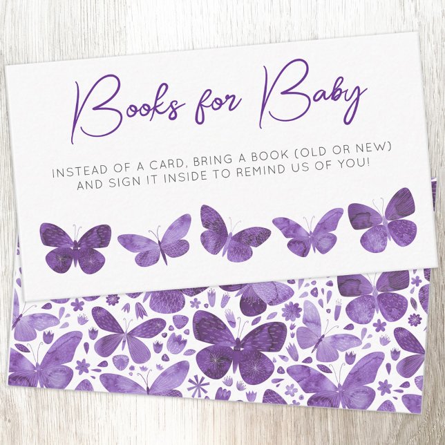 Cartão De Informações Livros de Chá de fraldas de borboleta para bebê (Modern watercolor butterfly purple baby shower Books for Baby request enclosure card)