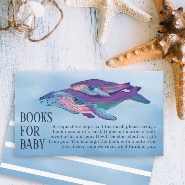 Cartão De Informações Livros de Chuvinha de Bebê Baleia para Bebê (Artistic painted whale and whale calf with a blue watercolor background diaper raffle.)