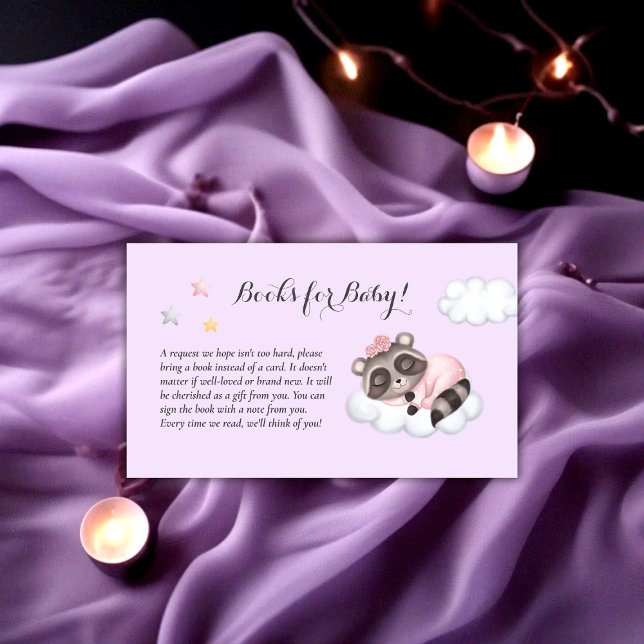 Cartão De Informações Livros De Lavanda De Chá de fraldas Raccoon Para B (Raccoon Animal Girl Baby Shower Books For Baby Enclosure Card)