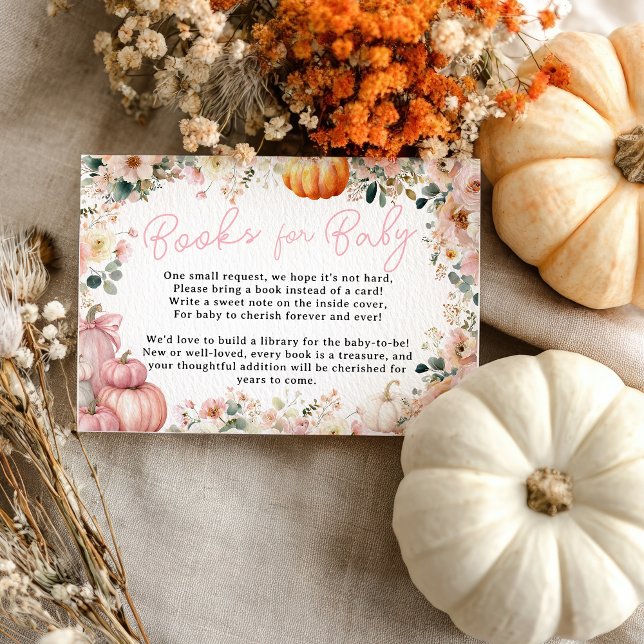 Cartão De Informações Livros Florais de Abóbora Rosa Queda para Bebê (Pink Little Pumpkin Fall Floral Books for Baby Enclosure Card)