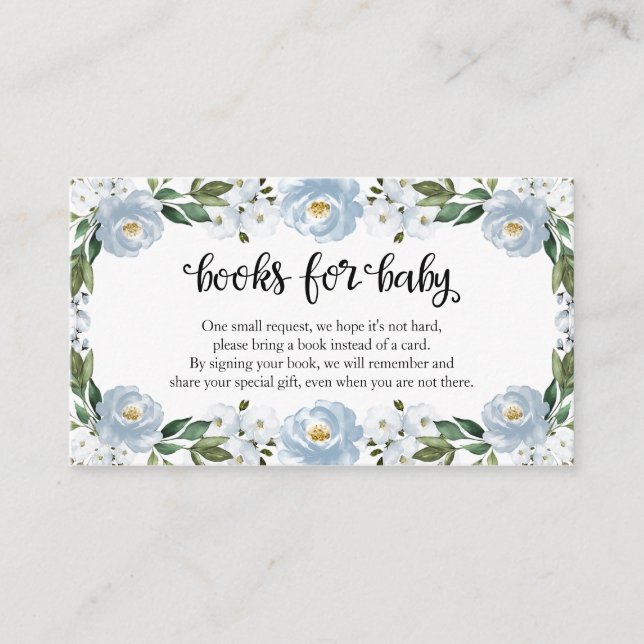 Cartão De Informações Livros Lindos de Florais Azuis para Chuvinha de Be (Frente)