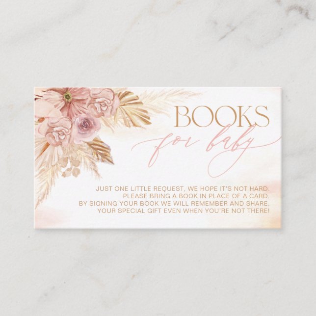 Cartão De Informações Livros Pampas Rosa e Beige Boho, para Chá de frald (Frente)