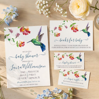 Cartão De Informações Livros para Bebê Chá de Bebê Beija-flor Aquarela