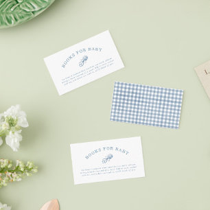 Cartão De Informações Livros para Bebê Menino em Xadrez Azul para Chá de