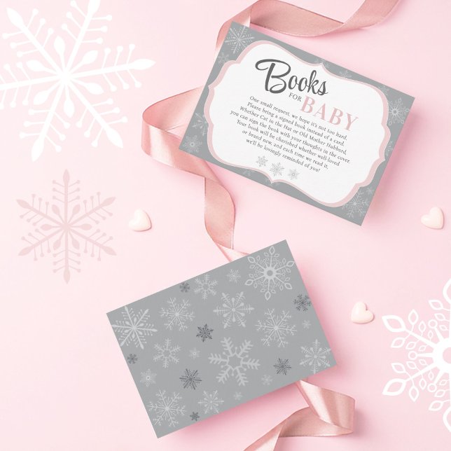 Cartão De Informações Livros para Bebê Rapariga Rosa e Cinza Floco de ne (Baby It's Cold Outside, Snow Excited, Snowflake Winter Pink Gray Baby Girl Shower Books card)