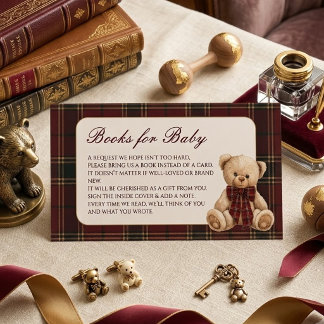 Cartão De Informações Livros para Chá de Bebê com Urso Teddy Xadrez Eleg