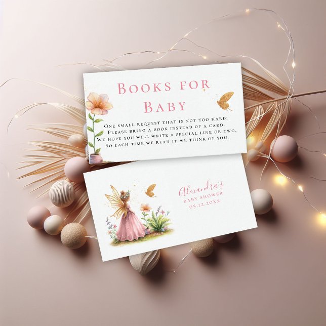 Cartão De Informações Livros para Chá de Bebê Fada Princesa Rosa (fairy princess baby girl shower books enclosure card elegant cute adorable watercolor pink)