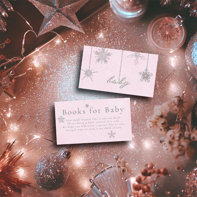 Cartão De Informações Livros para Chá de fraldas de Garota Rhinestone Ro (books for baby enclosure card pink christmas winter girl shower invitation rhinestones glitter snow)
