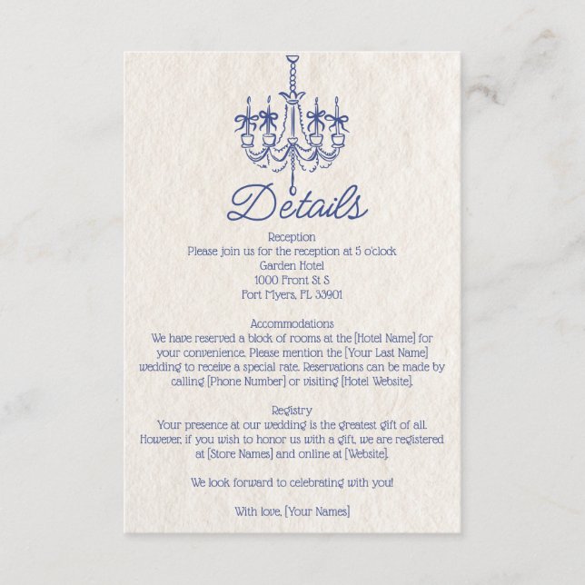 Cartão De Informações Lustre Candeeiro Desenhado à Mão Casamento Detalhe (Frente)