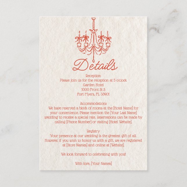 Cartão De Informações Lustre Candeeiro Desenhado à Mão Casamento Detalhe (Frente)