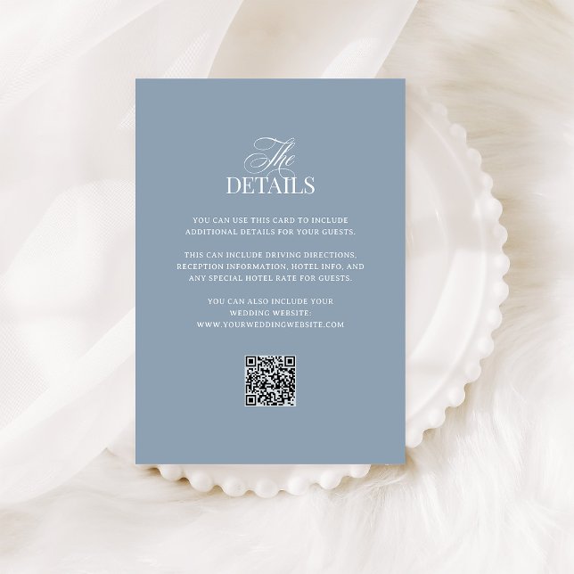 Cartão De Informações Luxe Dusty Blue | QR Code Wedding Guest Details (Criador carregado)