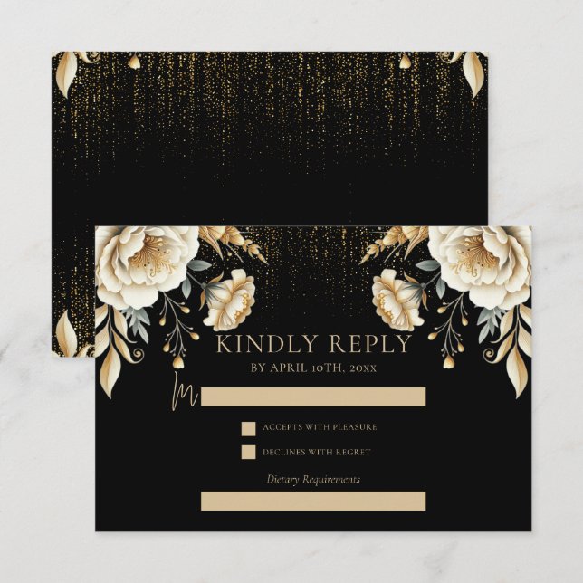 Cartão De Informações luxo Black Ivory & Dourada Quinceañera Rsvp (Frente/Verso)
