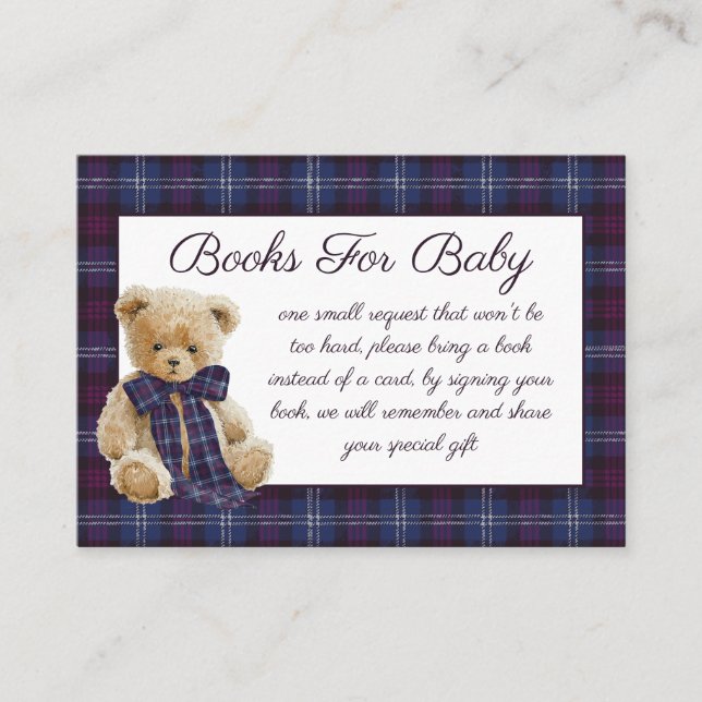 Cartão De Informações Luxury Bear Plaid Bow Baby Shower Book Request (Frente)