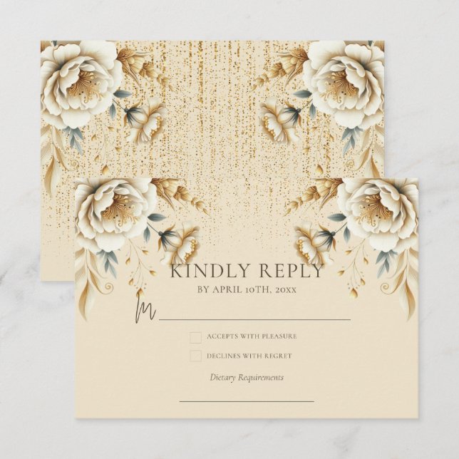 Cartão De Informações Luxury Ivory & Dourada Quinceañera Rsvp (Frente/Verso)