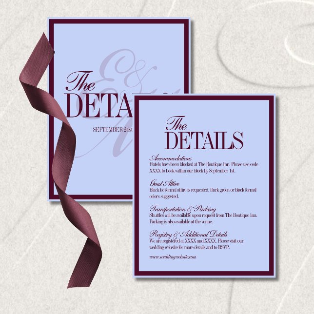 Cartão De Informações Luxury Periwinkle and Plum Formal Wedding Details (Luxury Periwinkle and Plum Formal Wedding Details Enclosure Card
)