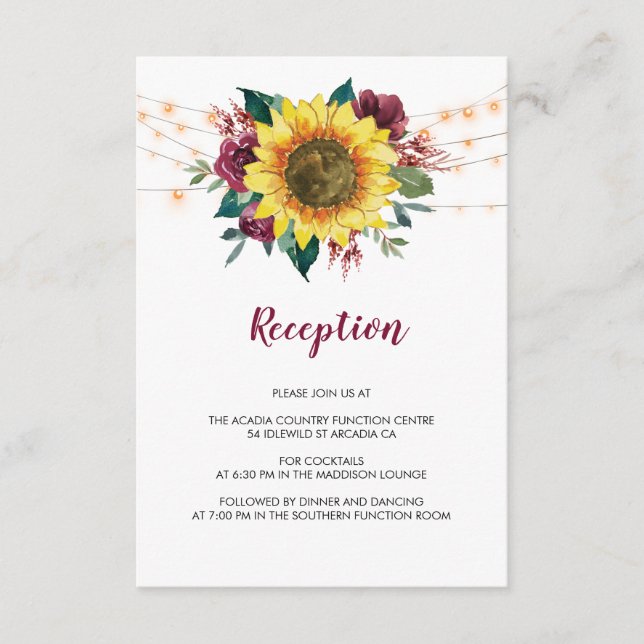 Cartão De Informações Luzes Rústicas de Girassol Recepção de Casamento F (Frente)