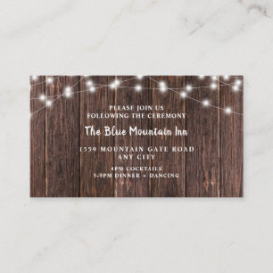 Cartão De Informações Madeira russa escura e luzes recepção de casamento
