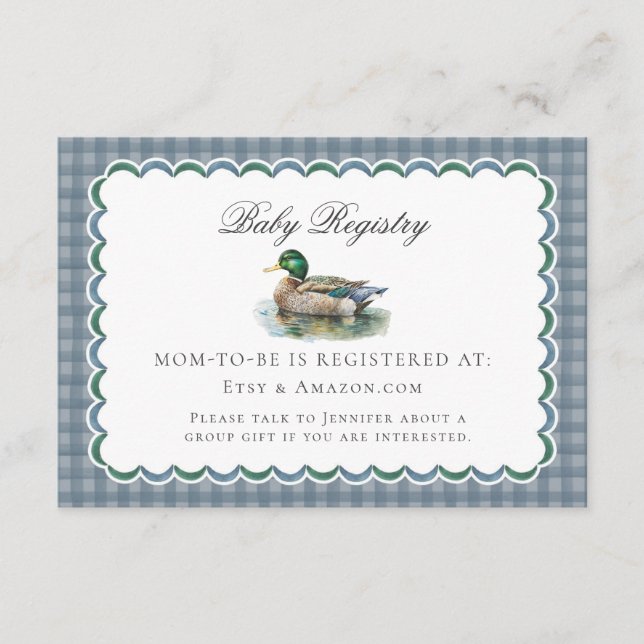 Cartão De Informações Mallard Duck Hunting Gingham Baby Registry Card (Frente)