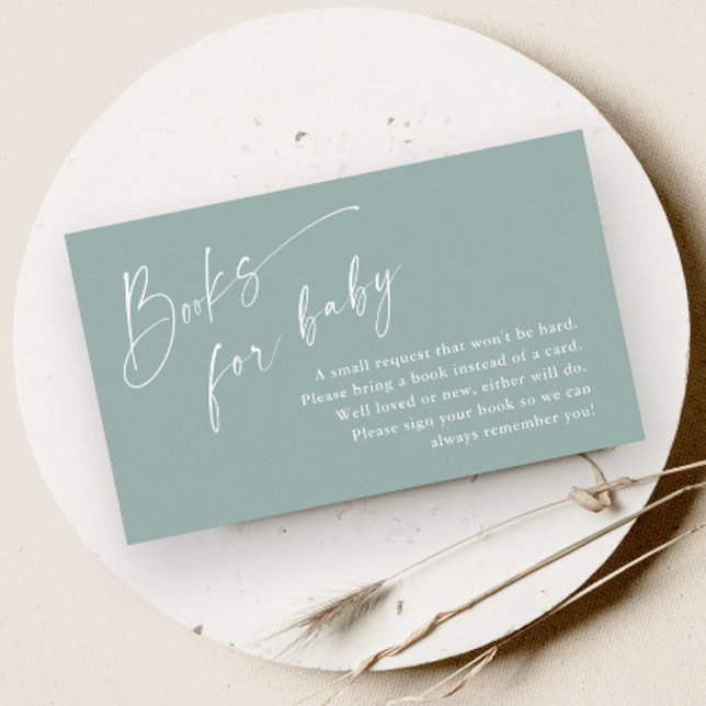 Cartão De Informações Manuais de Script para Chá de fraldas Neutro do Be (Modern script gender neutral sage green baby shower books for baby enclosure card.)