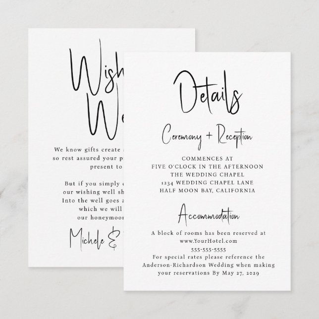 Cartão De Informações Manuscrito Mínimo Detalhes de Casamento Desejando  (Frente/Verso)