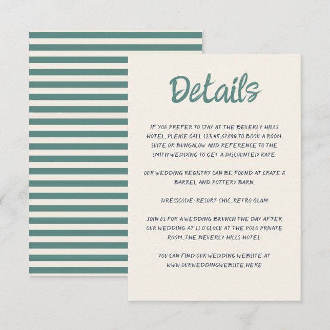 Cartão De Informações Manuscrito Script Quirky Green Blue Retro Casament (Frente/Verso)