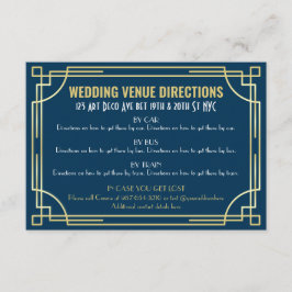 Cartão De Informações Mapa de Direções de Casamento Dourado Art Déco Azu