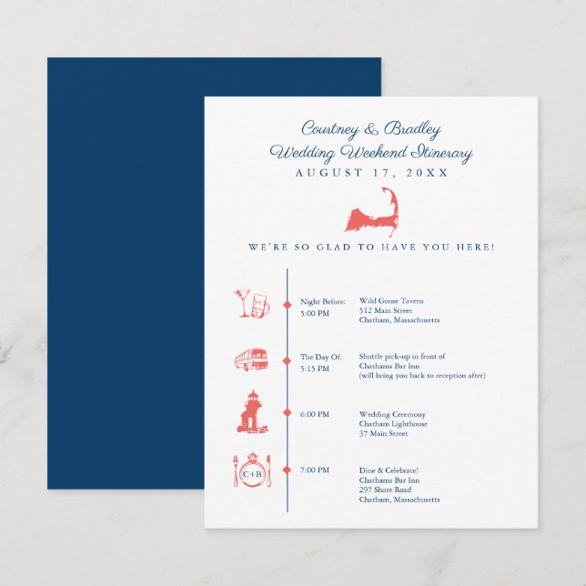 Cartão De Informações Mapa do Cabo Cod Itinerário da Recepção de Casamen (Frente/Verso)